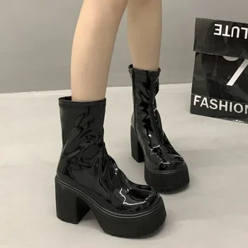 Toamna și Iarna Cele mai Recente Toc Gros Pantofi cu Non-alunecare de Suprafață Strălucitoare de Agrement Rotund Toe Culoare Solidă de Moda Cizme pentru Femei 0