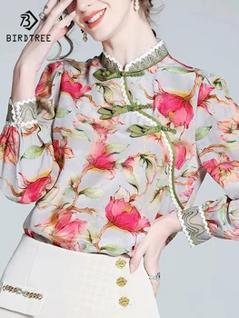 Birdtree 100%Mătase de Dud Imprimate Tricou Femei Toamna anului 2023 Noul Stil Chinezesc Placa Cataramă Cheongsam Bluza Eleganta T39965QC