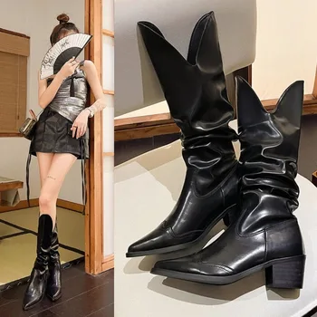Noile Cizme de Moda pentru Femei Primavara/Toamna Toc Pătrat Femei la Jumătatea Vițel Cizme Doamnelor Alunecare a Subliniat Toe WESTERN Boots Femei 0
