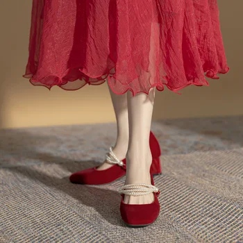 Pantofi de mireasa cu square toe cu toc mediu, noi nunta, pantofi de piele de căprioară de culoare roșie unică pantofi, femei, banchet, primăvara și toamna stiluri 0
