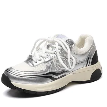 Brand de Designer Primavara/Vara Noi de Argint Picior Regele din Piele Tata Pantofi pentru Femei cu Talpă Sport ochiurilor de Plasă Pantofi Dantela-up Casual
